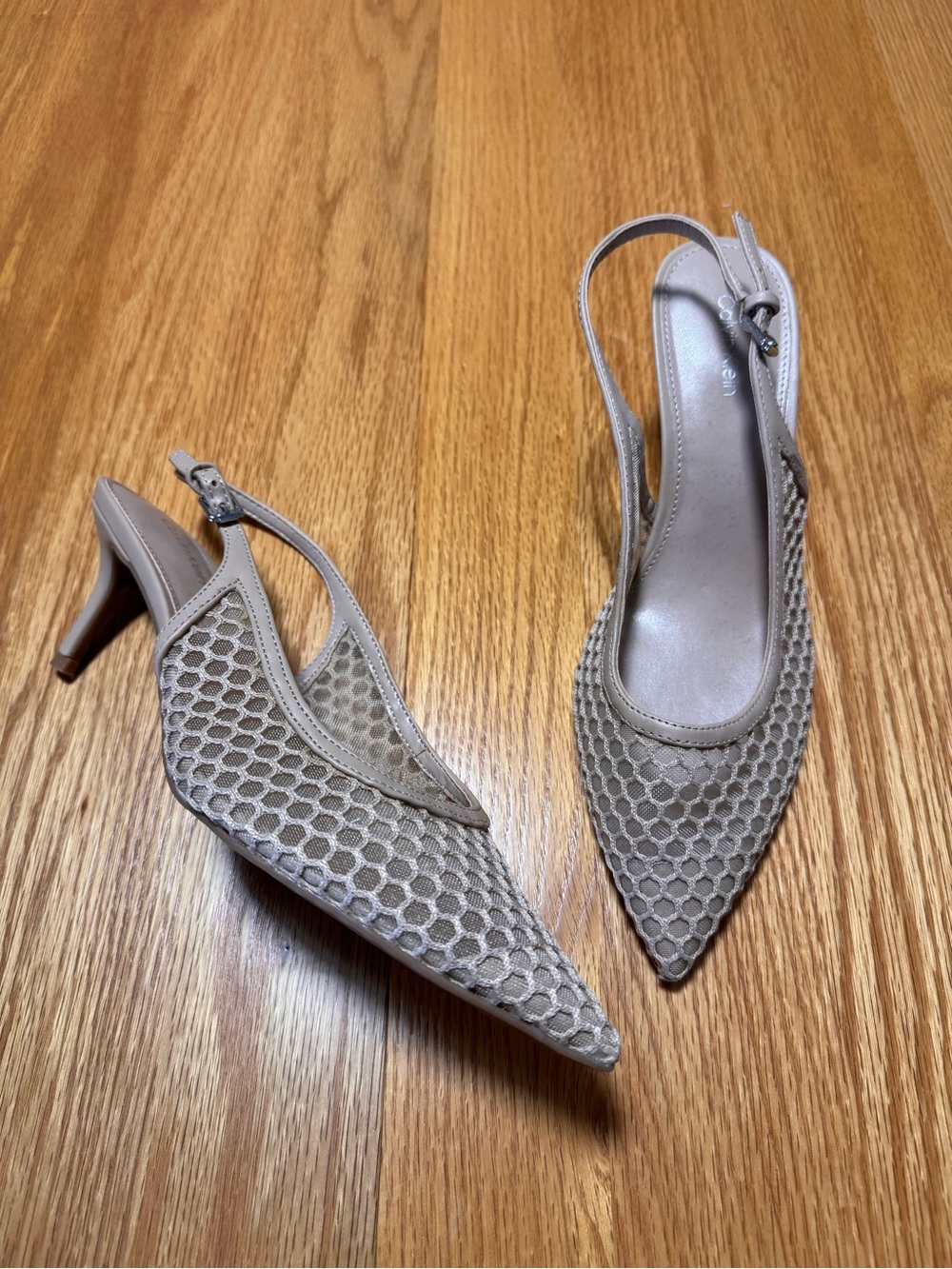 Calvin Klein Taupe Mesh Pointed Slingback Heels